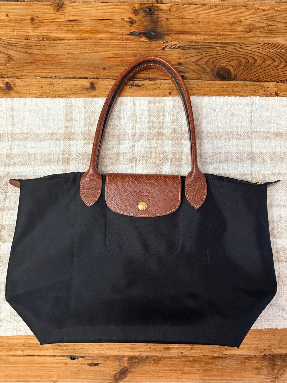 Longchamp Black Nylon Tote with Brown Leather Trim